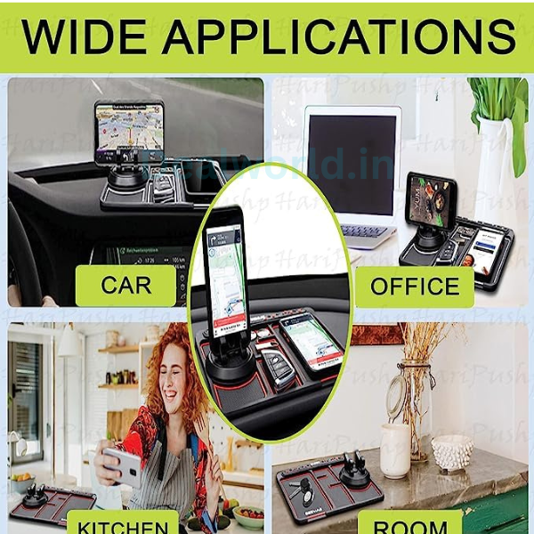 Dealworld anti-slip dashboard mat with phone holder shown in car office kitchen and room for versatile use