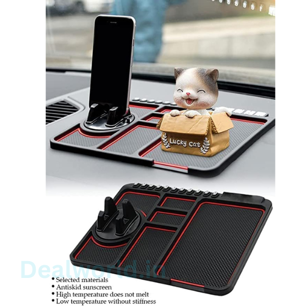 Dealworld anti-slip dashboard mat with phone holder black with red trim holding smartphone and lucky cat figurine on car dash
