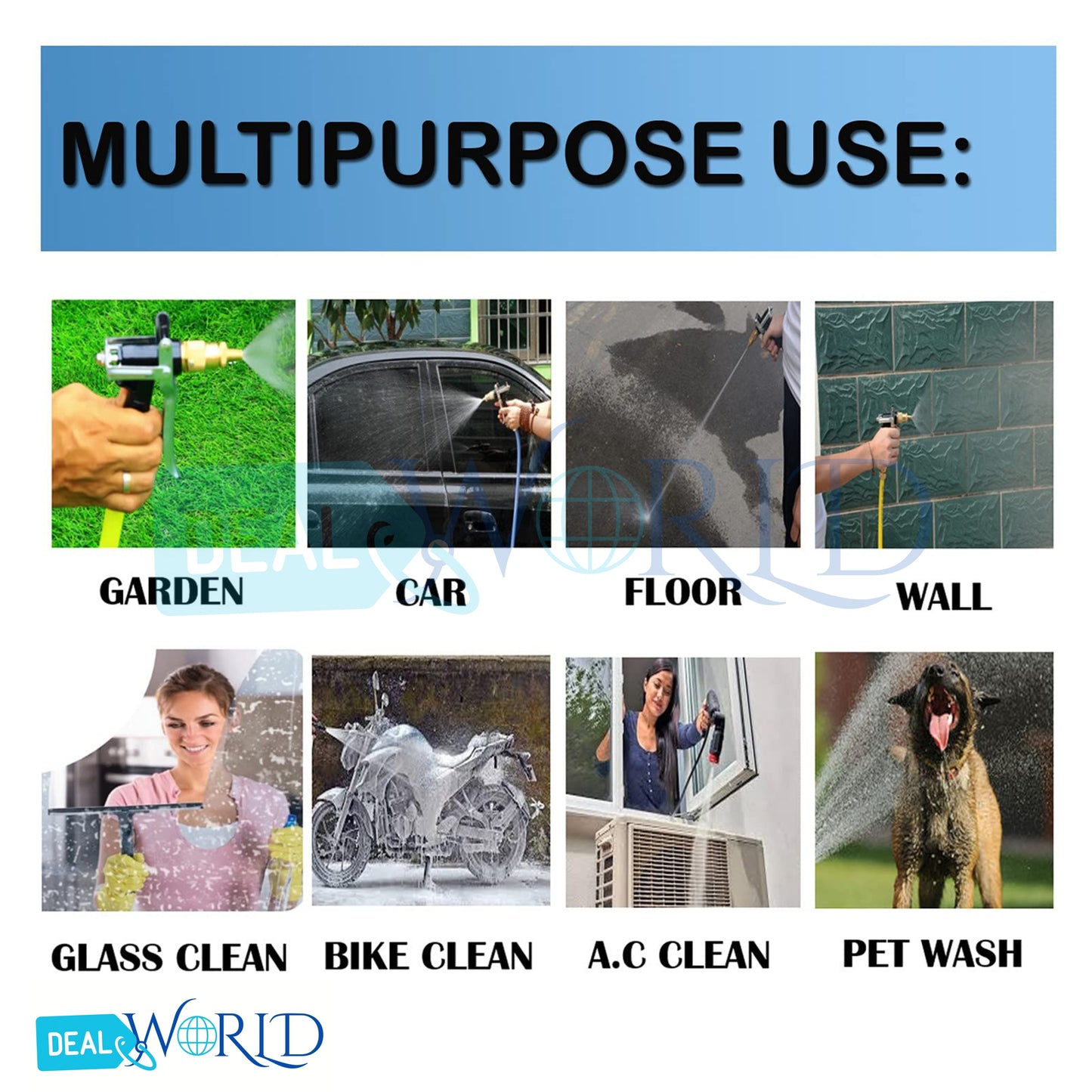 High pressure brass water spray gun by Dealworld showing multipurpose use for garden, car, floor, wall, glass, bike, A.C, and pet wash
