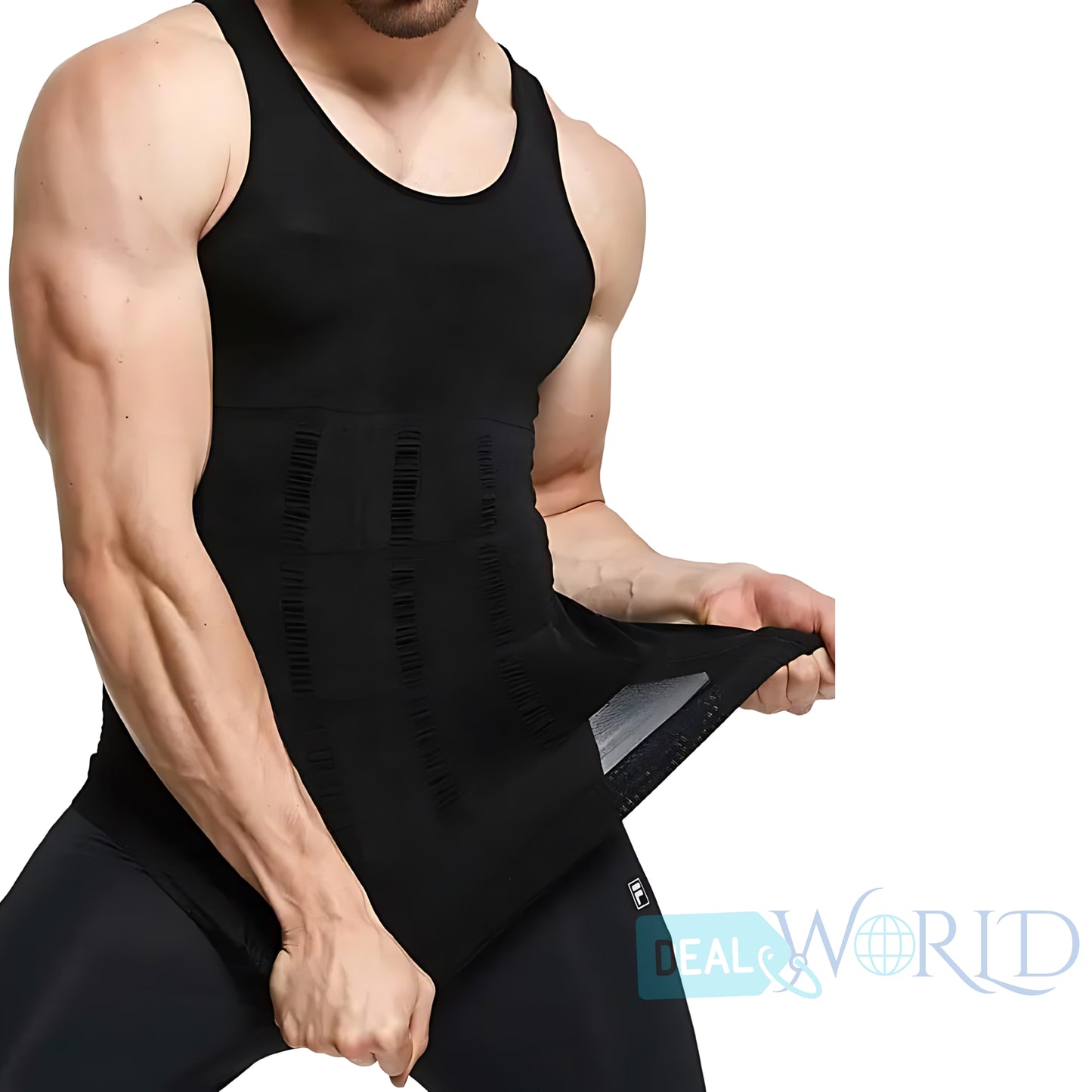 Dealworld men’s slimming body shaper vest in black worn by a muscular man stretching the fabric
