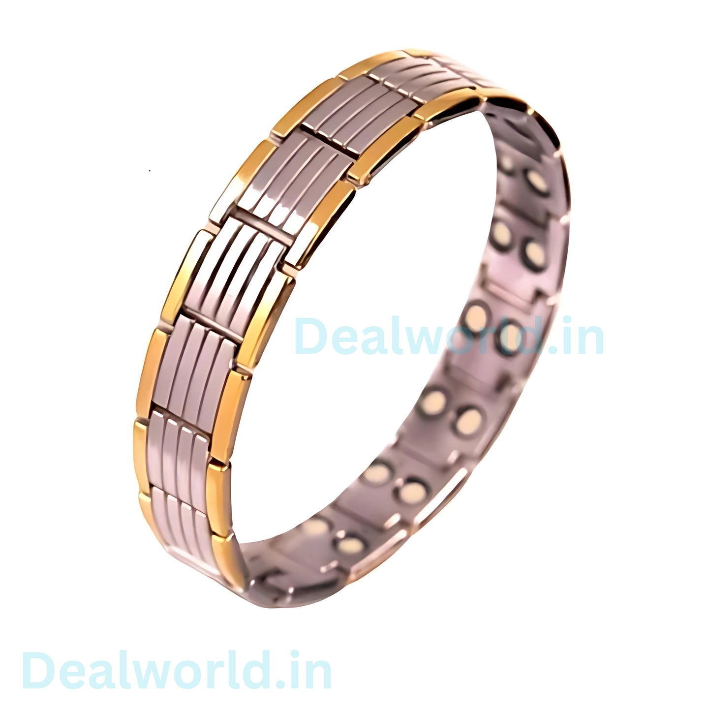 Dealworld two tone mens stainless steel magnetic bracelet with gold accents and interior therapy magnets