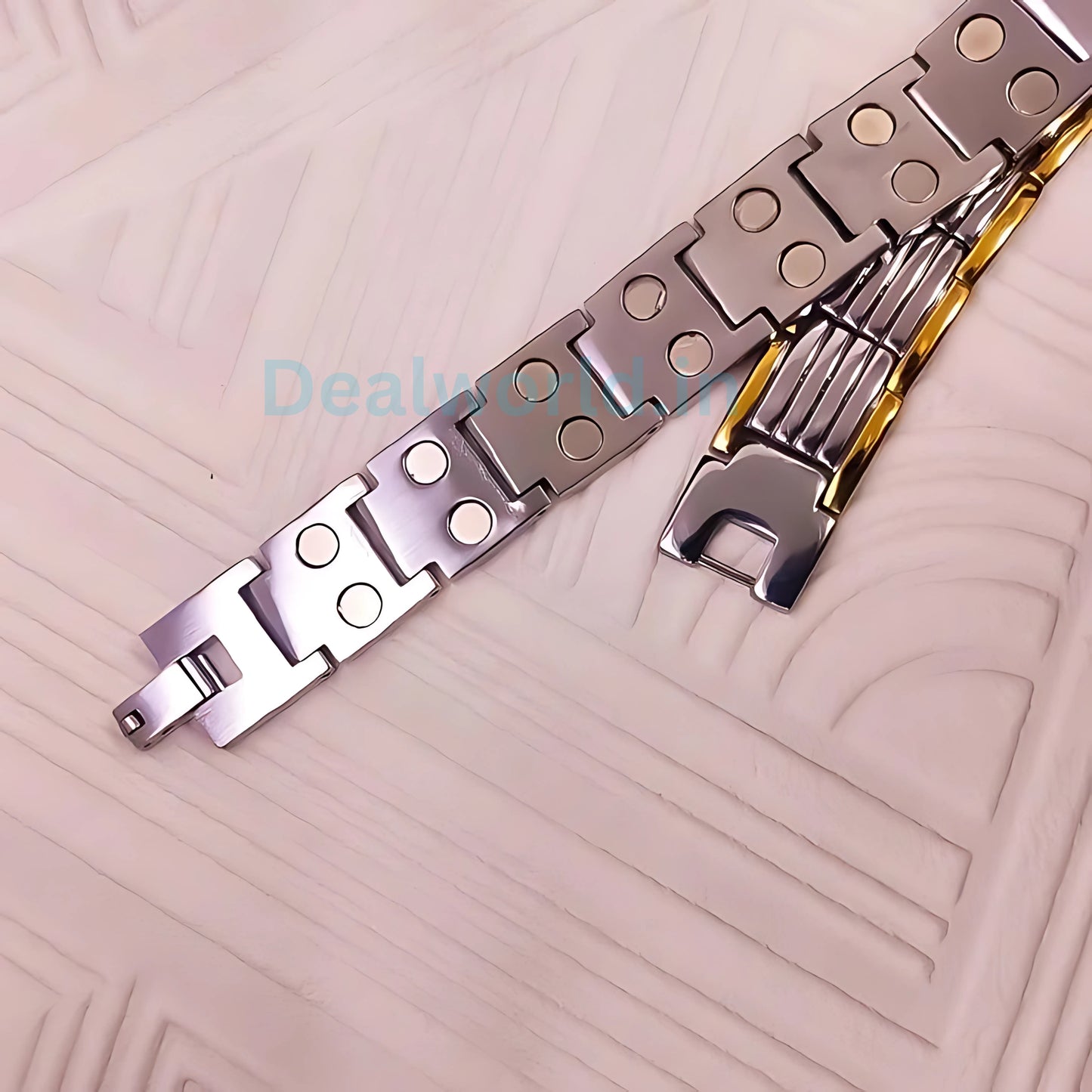 Dealworld mens stainless steel magnetic bracelet two tone silver and gold link design with circular magnets