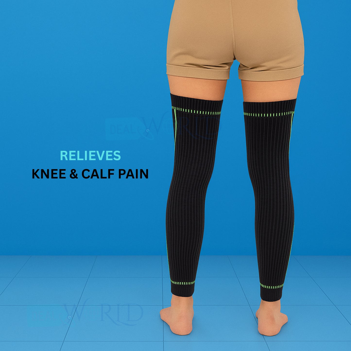 Dealworld pain relief knee sleeve worn on legs providing knee and calf pain relief