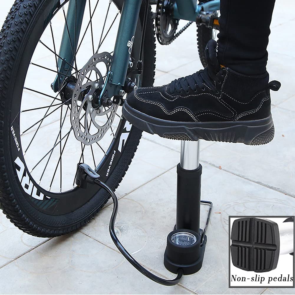 Dealworld high pressure bike pump with non slip pedals inflating a bicycle tire outdoors