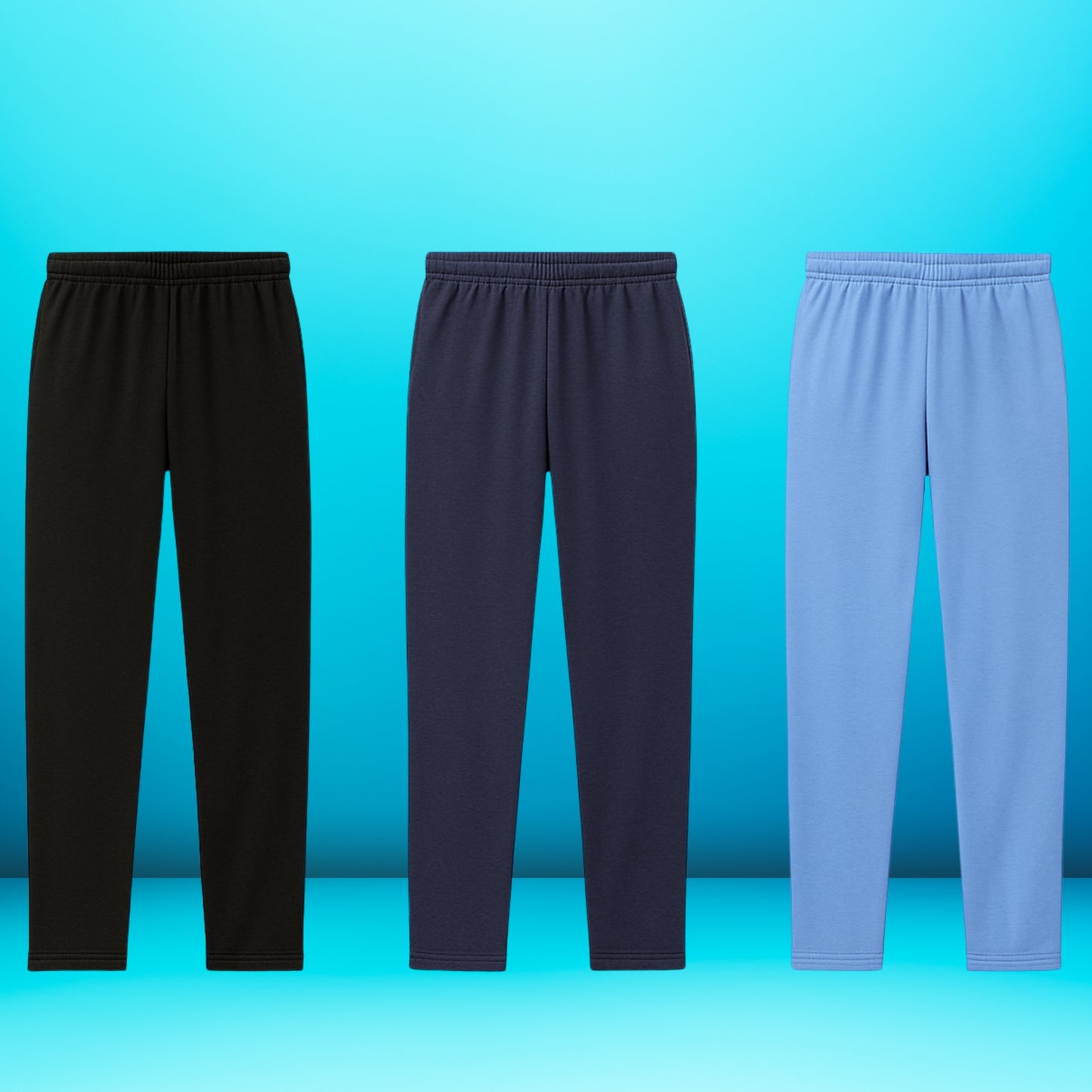 Dealworld men's stretchable pants pack featuring black navy and light blue activewear pants