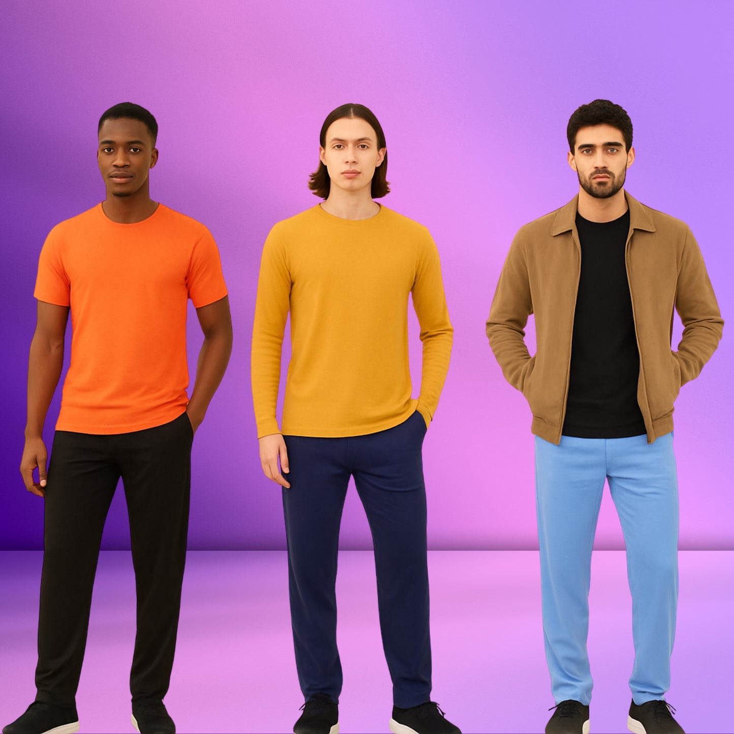 Dealworld men's stretchable pants pack featuring black, navy blue, and light blue activewear pants