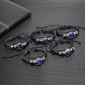 Dealworld zodiac leather bracelet collection with black leather and blue stone charms