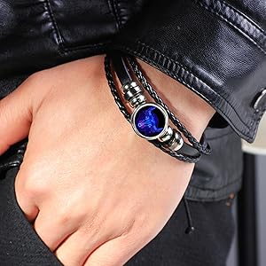 Dealworld zodiac leather bracelet with blue zodiac sign charm and black braided leather bands