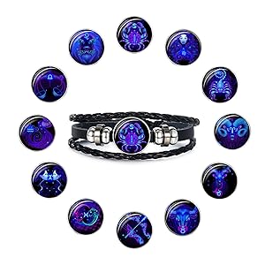 Dealworld zodiac leather bracelet with 12 interchangeable signs in blue and black braided leather design