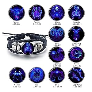 Dealworld zodiac leather bracelet with adjustable black braided band and glowing blue zodiac signs