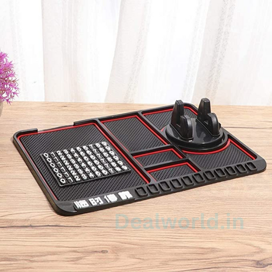 Dealworld anti-slip dashboard mat with phone holder black red multi compartment tray for car interior