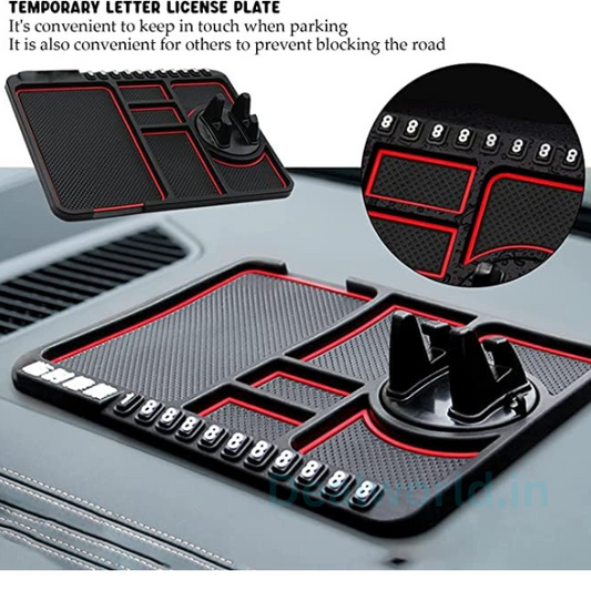 Dealworld black anti-slip dashboard mat with phone holder and extra storage pockets for cars