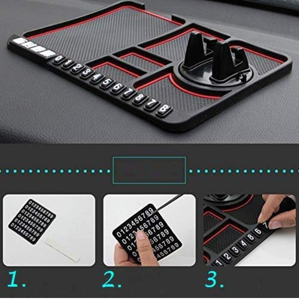 Dealworld black textured anti-slip dashboard mat with phone holder red trim and parking number stickers
