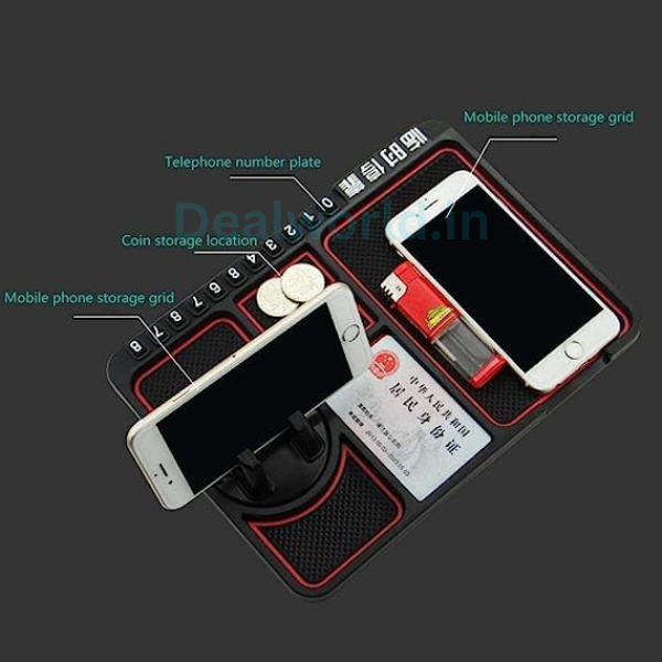 Dealworld black anti-slip dashboard mat with phone holder showing dual phone slots coin and card pockets