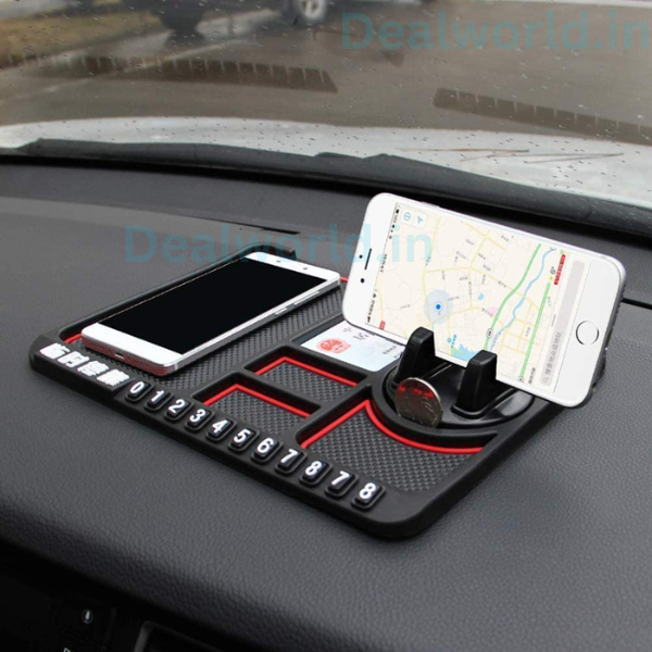 Dealworld anti-slip dashboard mat with phone holder on car dash holding smartphone coins and parking numbers