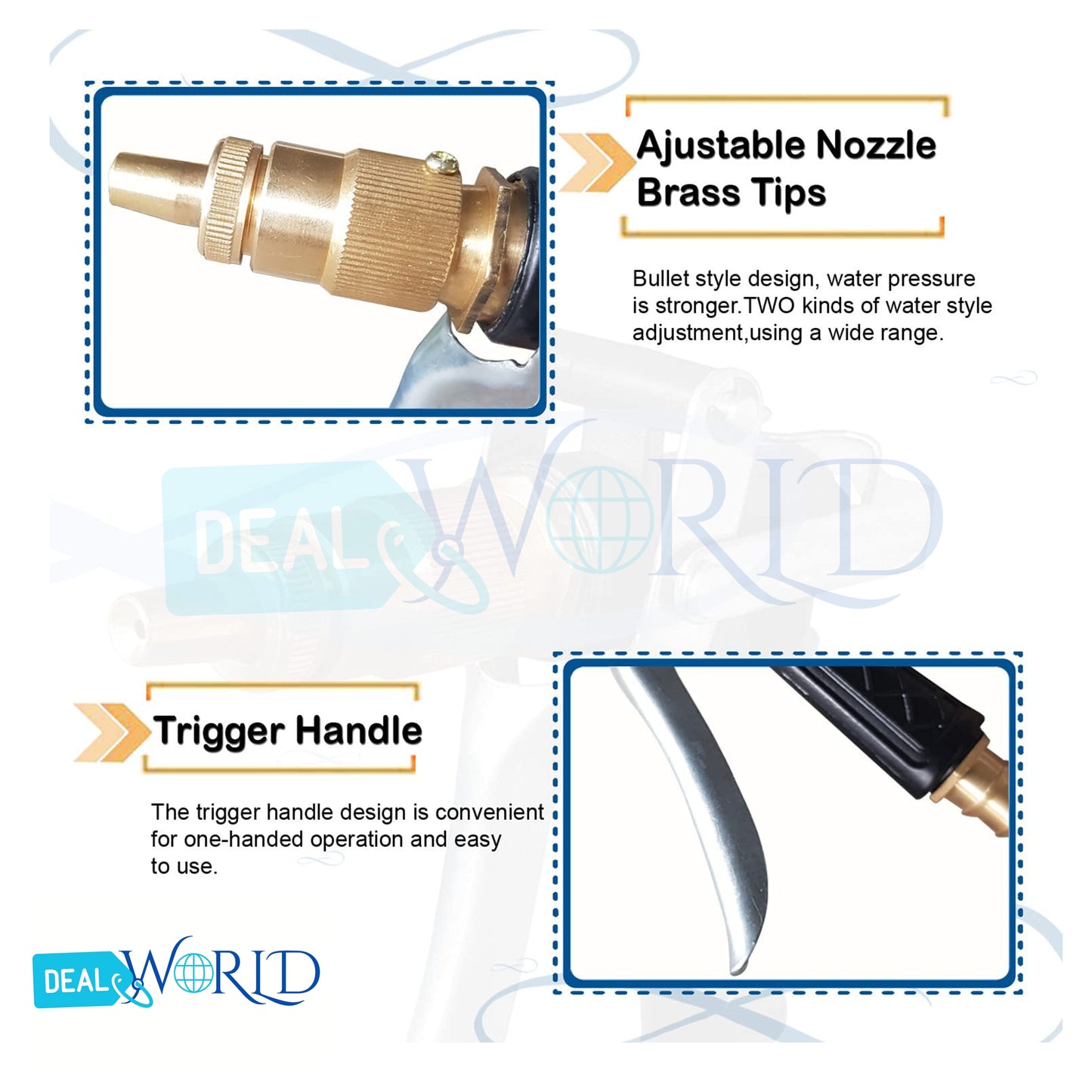 Dealworld high pressure brass water spray gun with adjustable nozzle brass tips and trigger handle for easy use