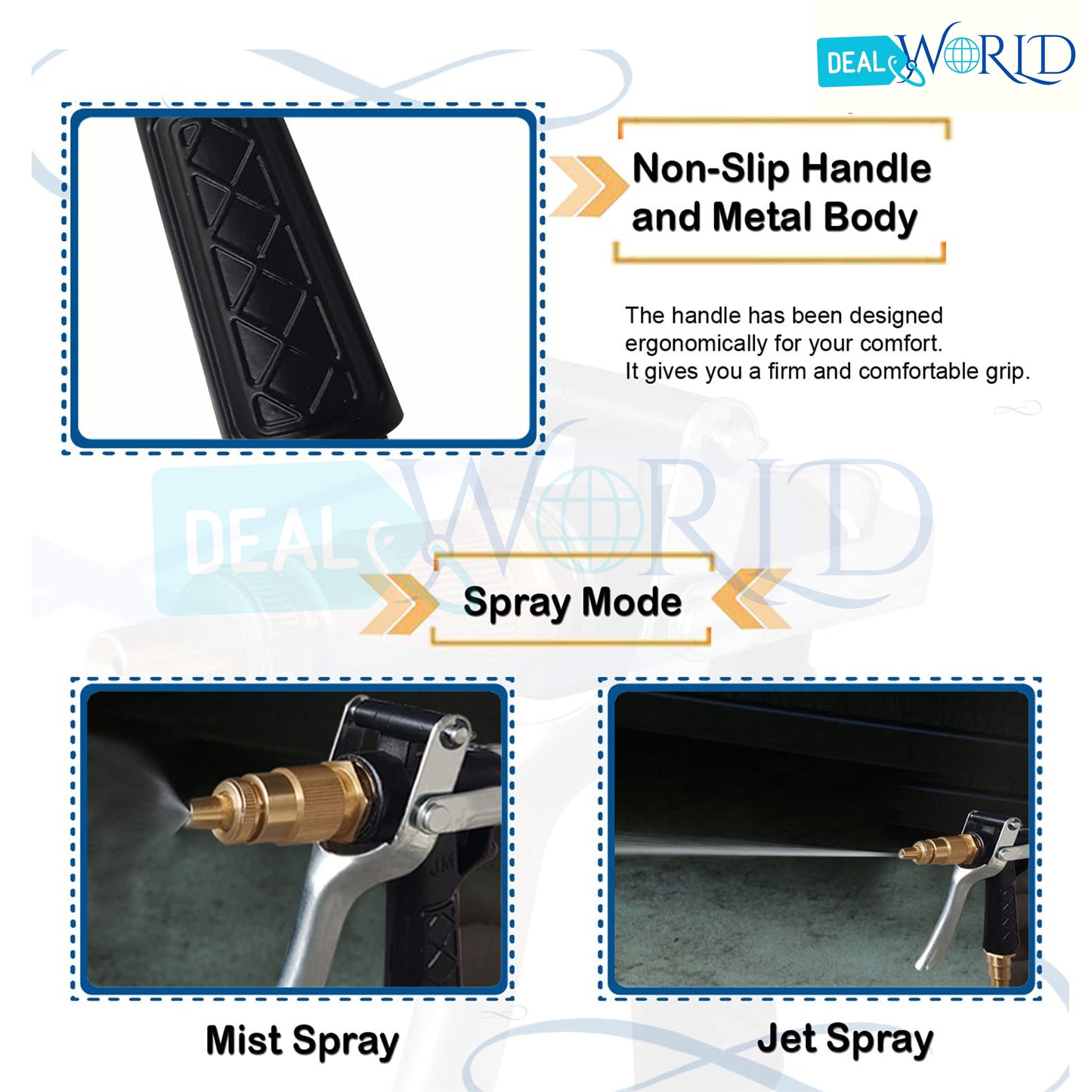 Dealworld high pressure brass water spray gun with non-slip handle and metal body showing mist spray and jet spray modes