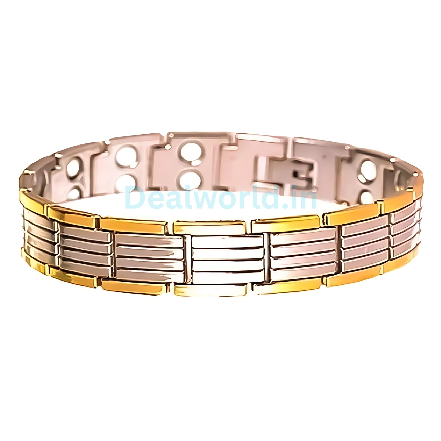 Dealworld two tone gold and silver mens stainless steel magnetic bracelet with linked design and comfort fit