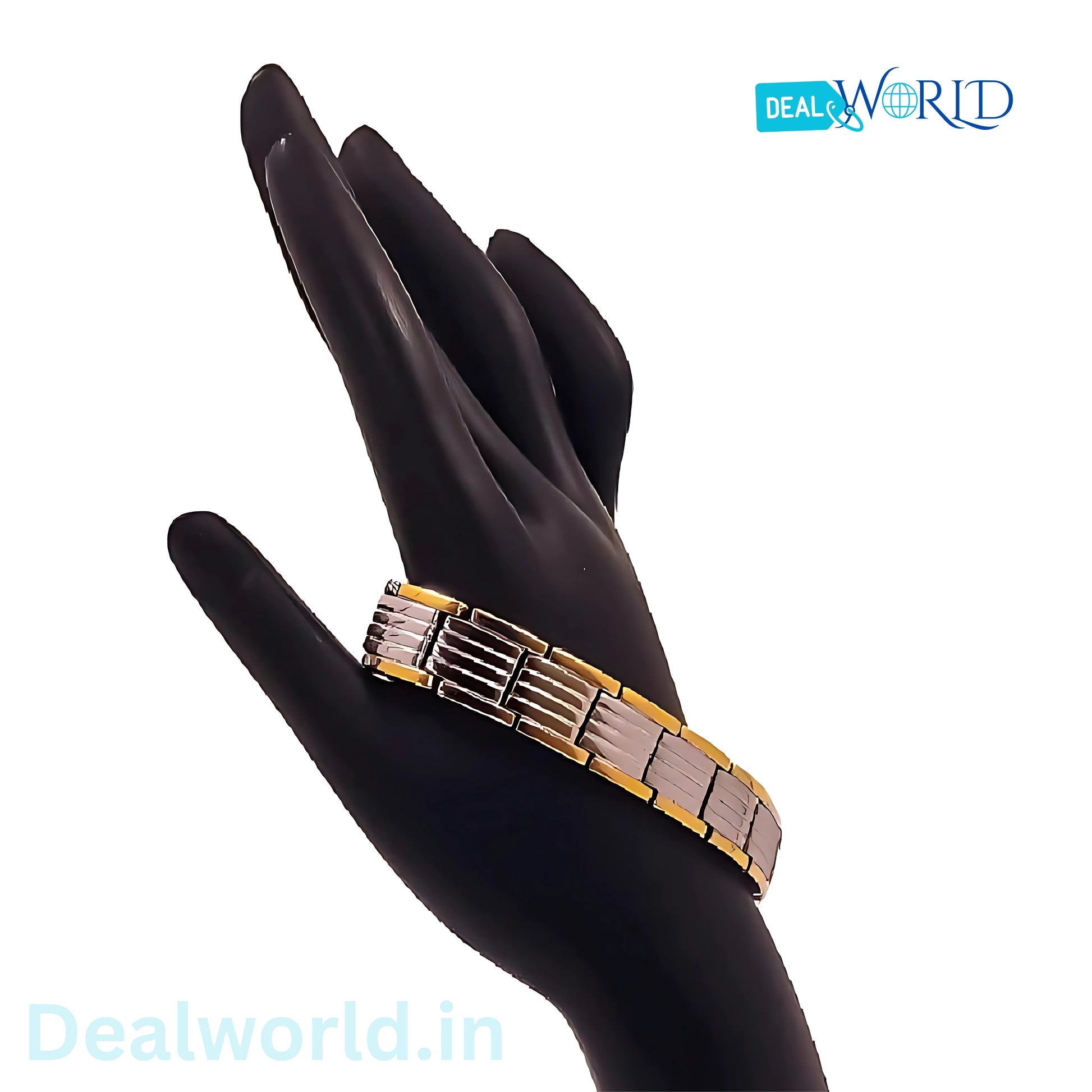 Dealworld two tone mens stainless steel magnetic bracelet on black display hand showing clasp