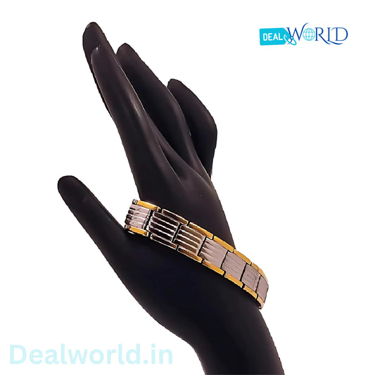 Dealworld two tone mens stainless steel magnetic bracelet on black display hand showing clasp