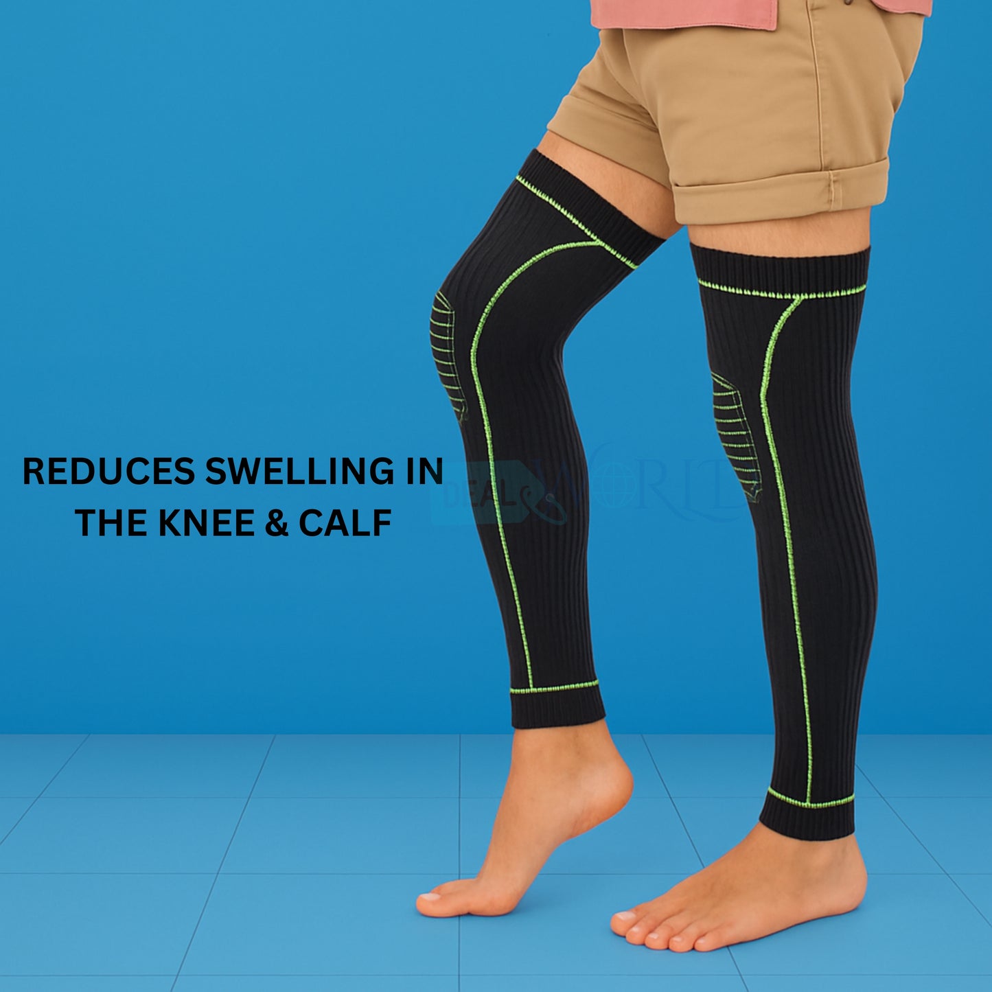 Dealworld pain relief knee sleeve in black with green accents reducing swelling in knee and calf