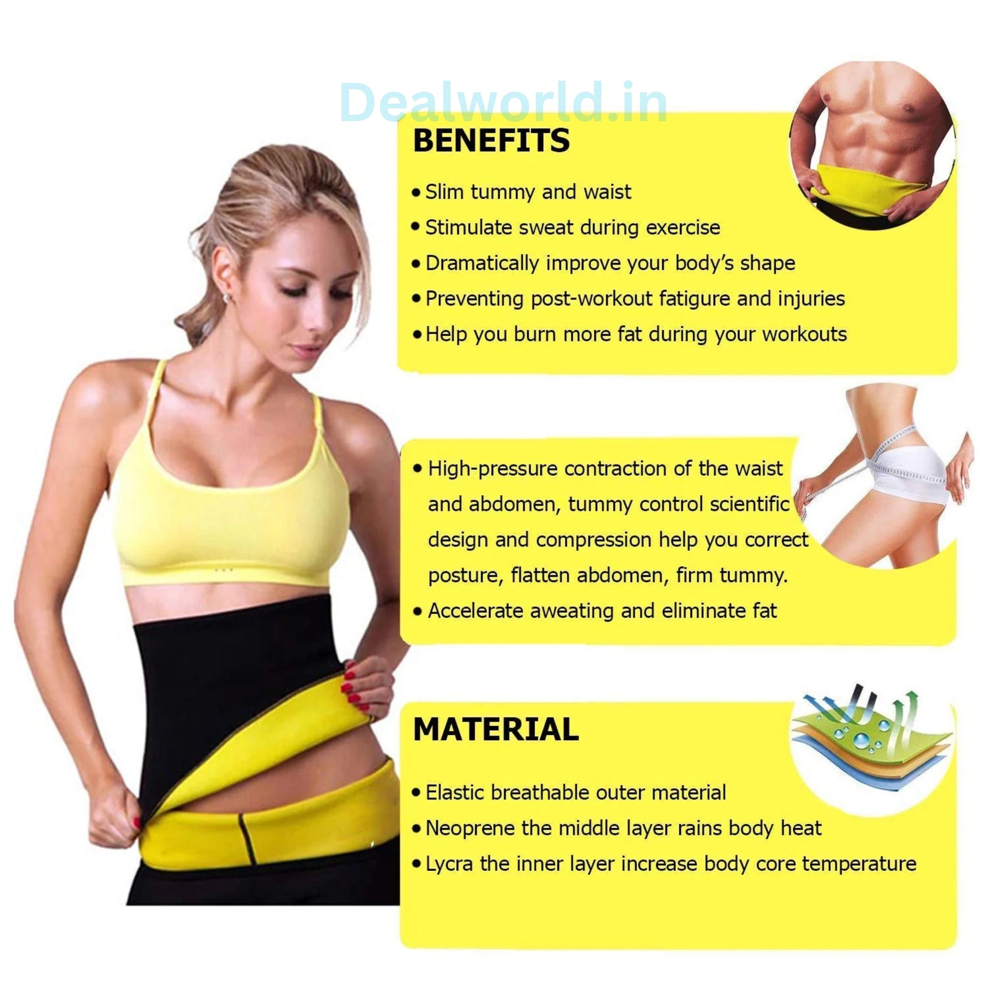 Dealworld sweat slim belt for weight loss worn by woman to slim tummy and waist during exercise