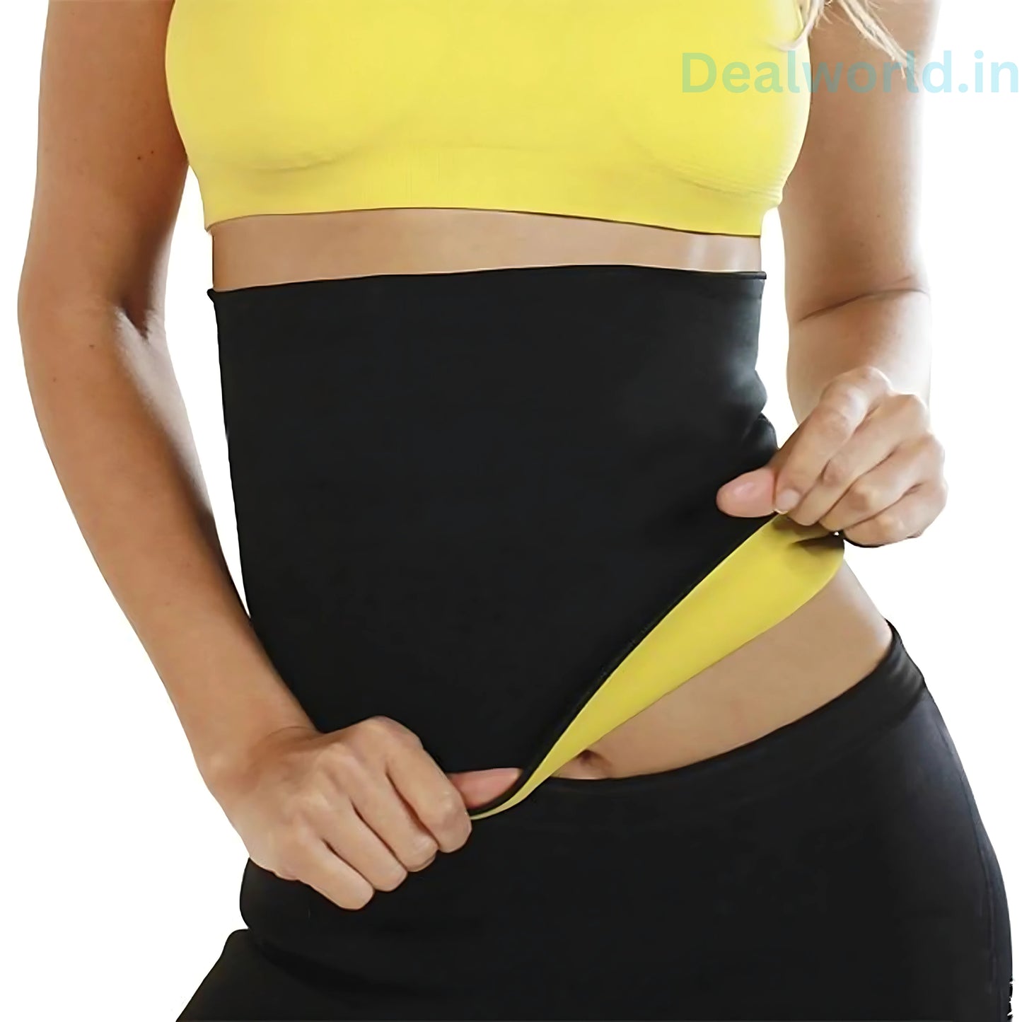 Dealworld sweat slim belt for weight loss worn by a woman over yellow workout top showing inner lining