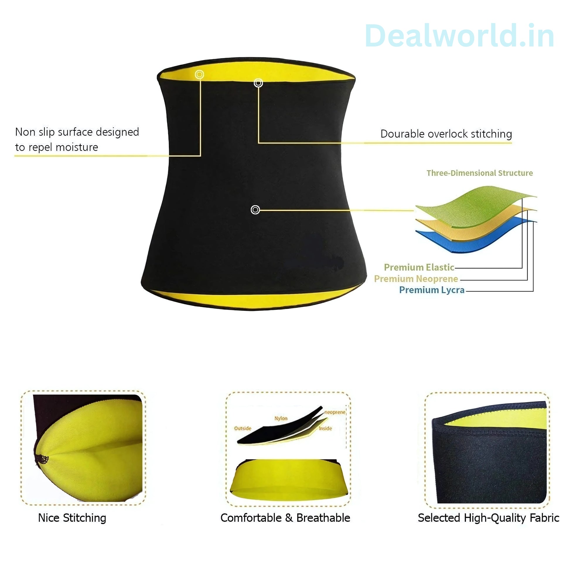 Dealworld sweat slim belt for weight loss with non slip surface, premium elastic fabric, and durable stitching