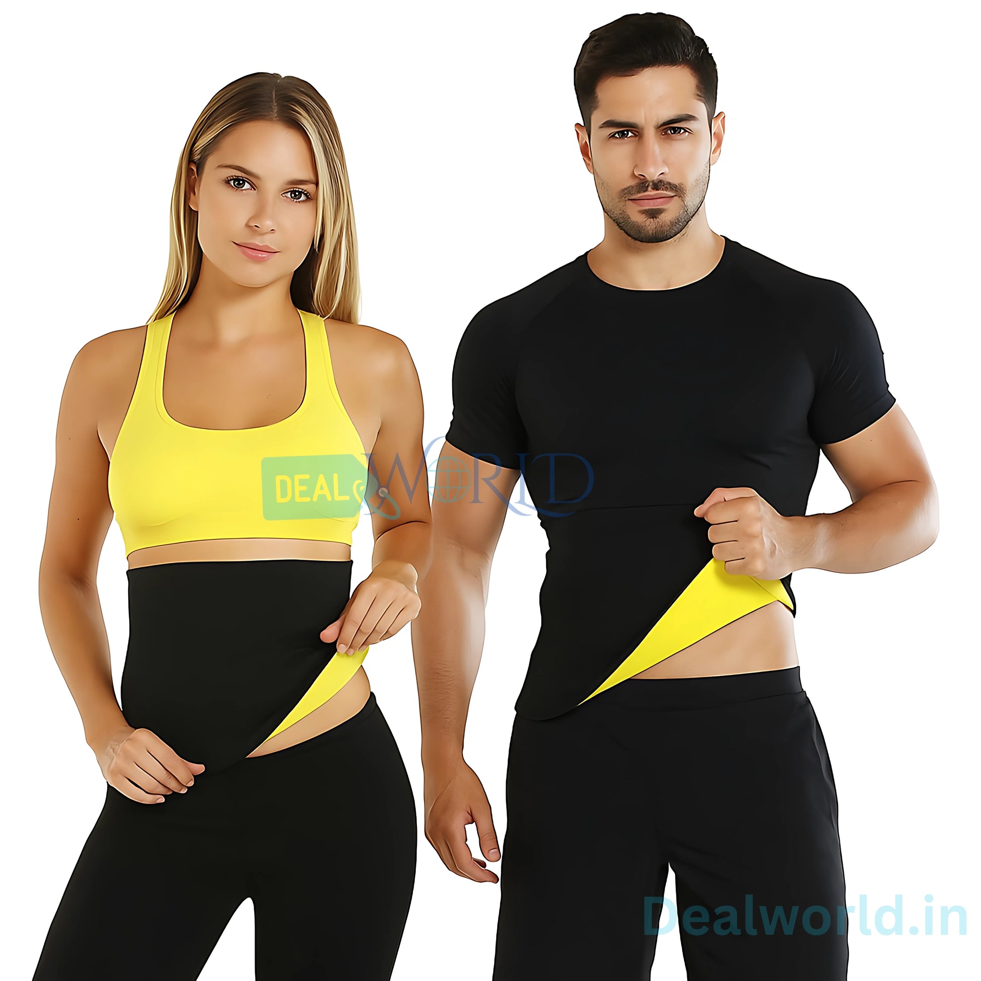 Dealworld sweat slim belt for weight loss worn by man and woman with black and yellow fitness wear