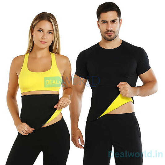 Dealworld sweat slim belt for weight loss worn by man and woman with black and yellow fitness wear