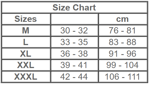 Size chart for Dealworld sweat slim belt for weight loss showing measurements in inches and centimeters