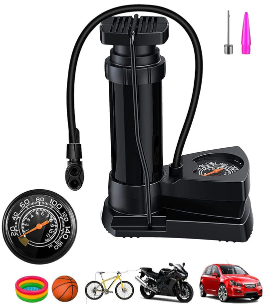 Dealworld high pressure bike pump foot air pump with pressure gauge and multiple nozzle adapters for bikes and sports balls