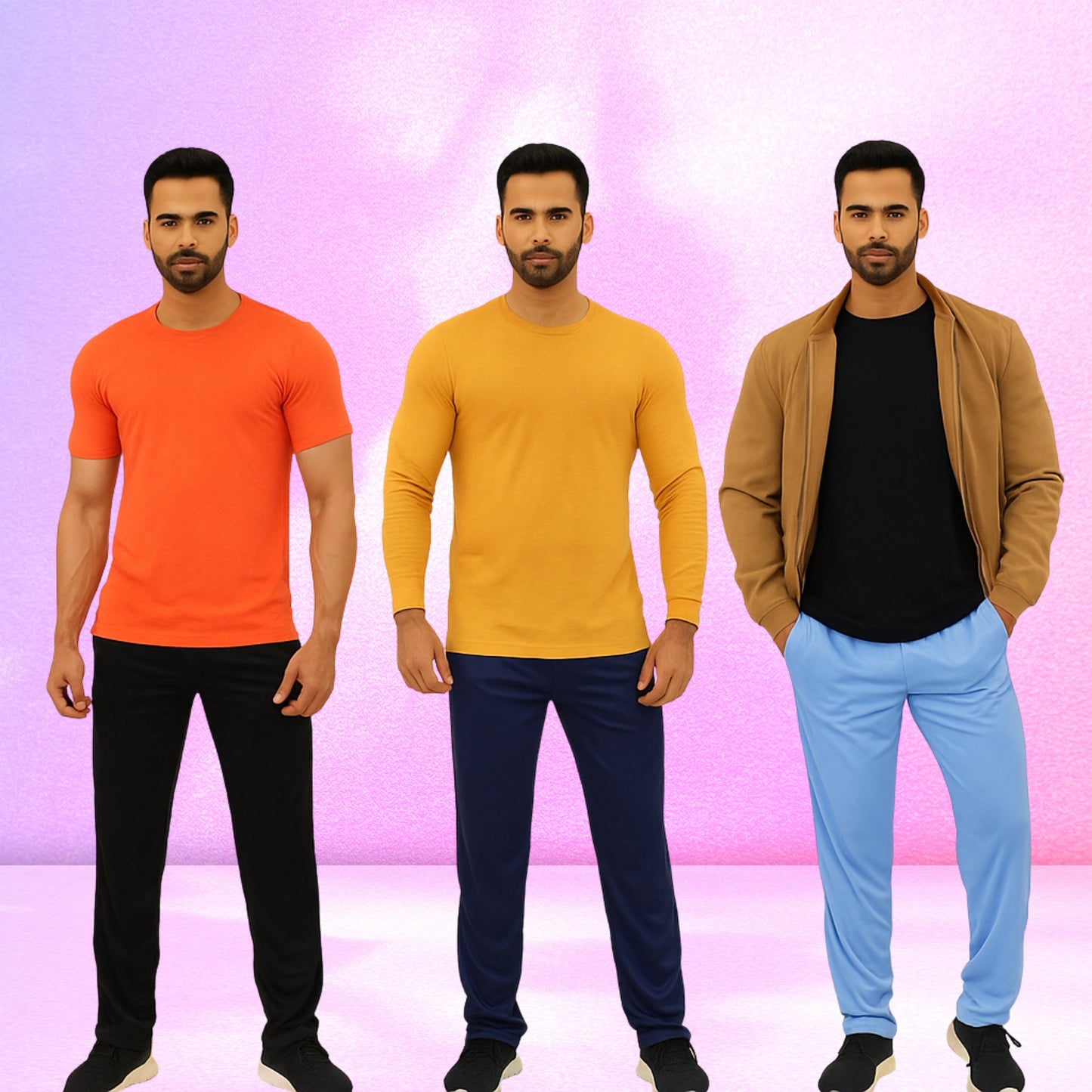 Dealworld men wearing black navy and blue men's stretchable pants pack with casual tops