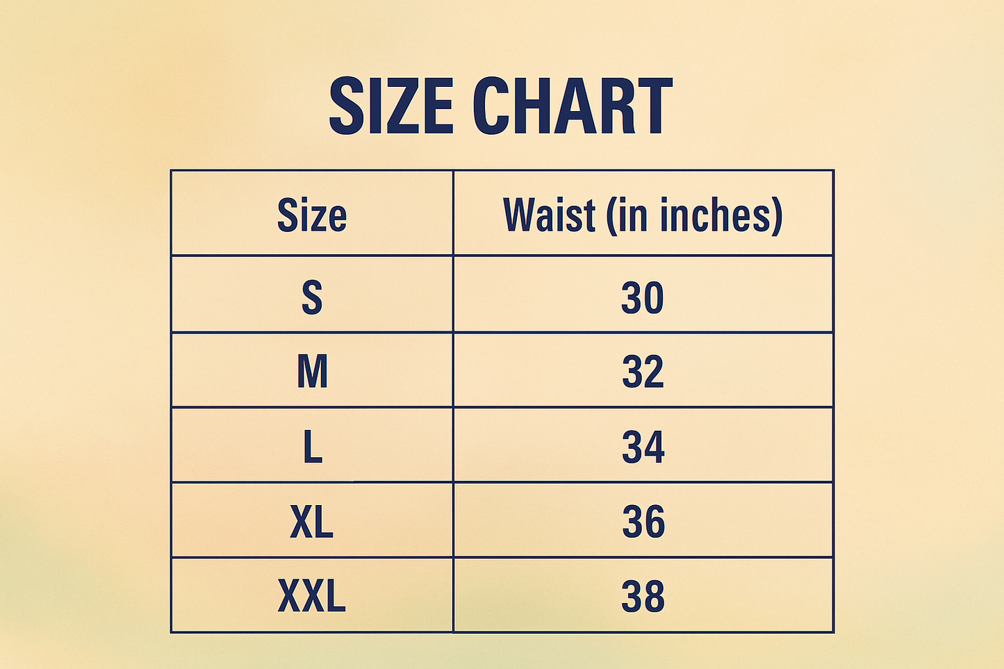 Size chart for men's stretchable pants pack showing waist measurements from size S to XXL in inches