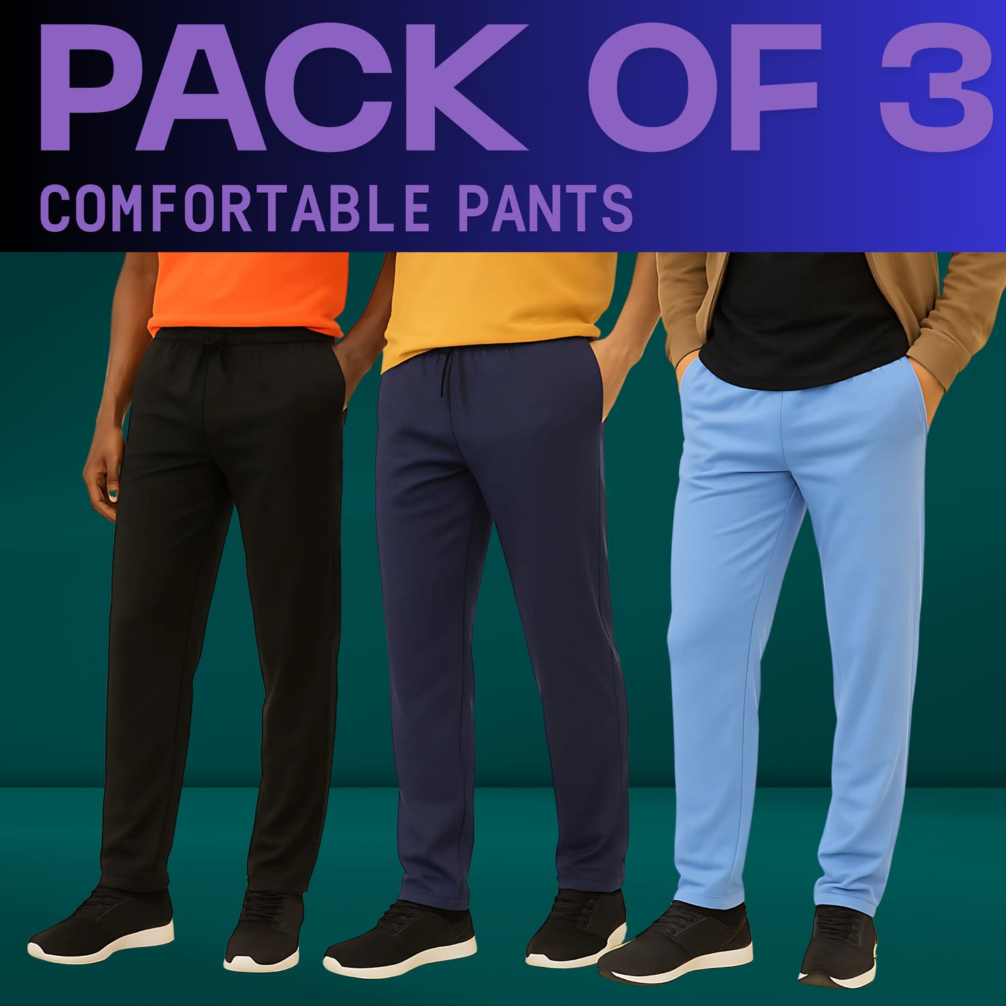 Dealworld men's stretchable pants pack of three in black navy and light blue activewear pants
