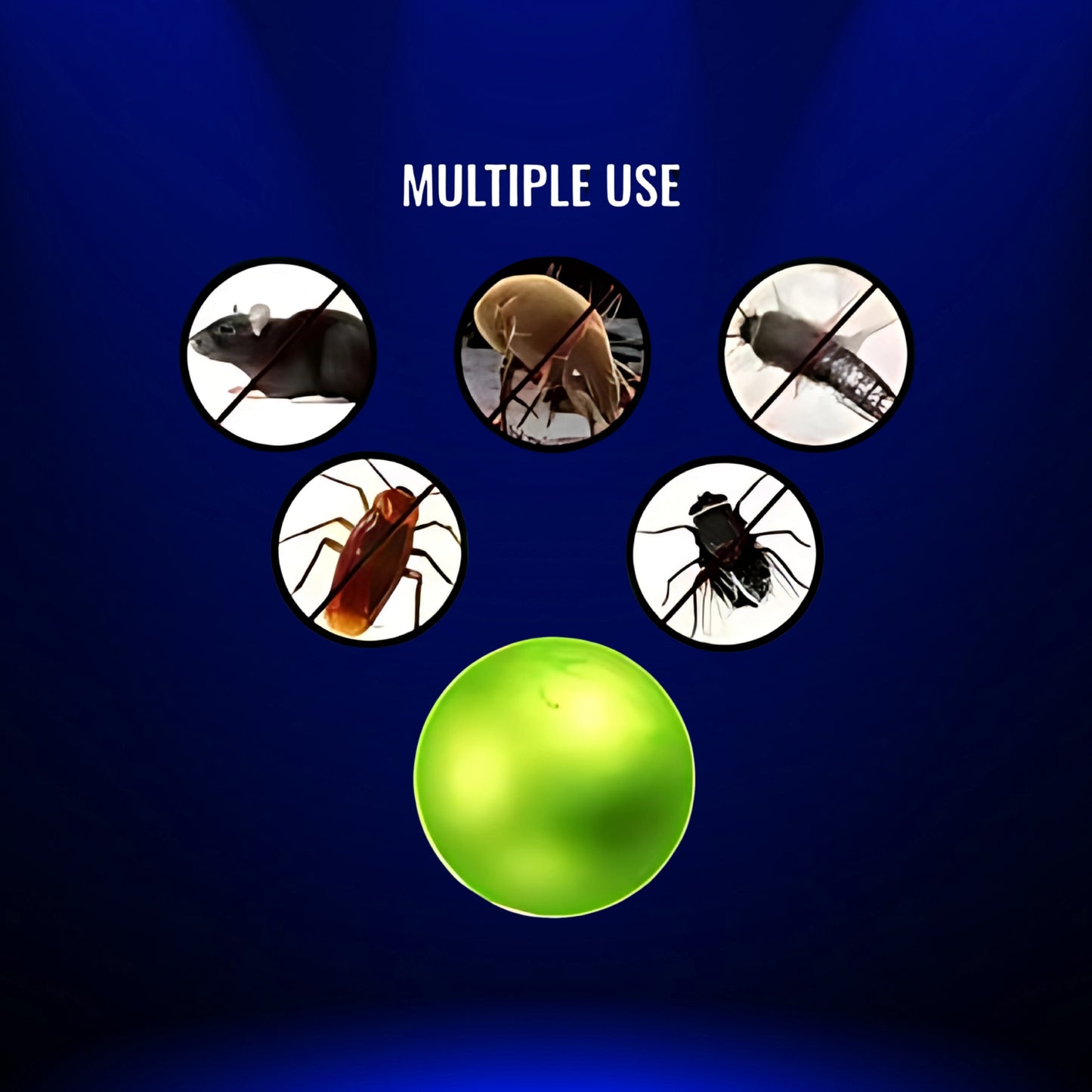 Dealworld natural rat repellent balls shown with icons of rats, cockroaches, and spiders indicating multiple pest uses