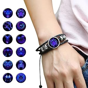 Dealworld zodiac leather bracelet with adjustable straps and glowing zodiac sign charms