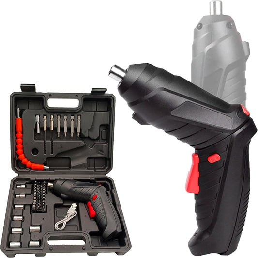 Dealworld rechargeable cordless screwdriver drill kit with black ergonomic handle and complete bit set in carrying case