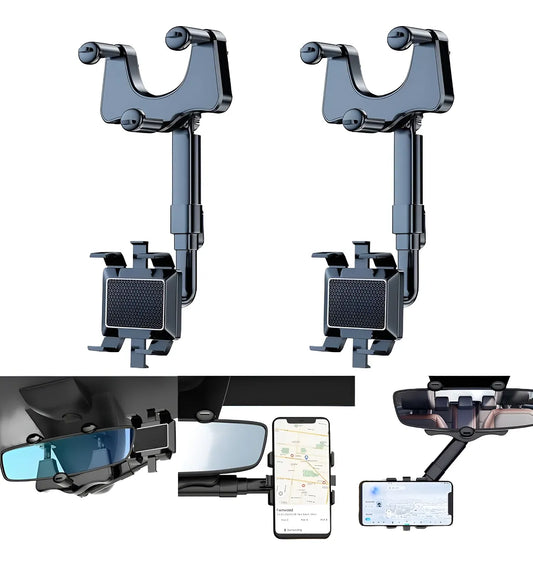 Dealworld 360 degree car phone mount with adjustable telescopic arm clamps to rearview mirror for portrait and landscape use