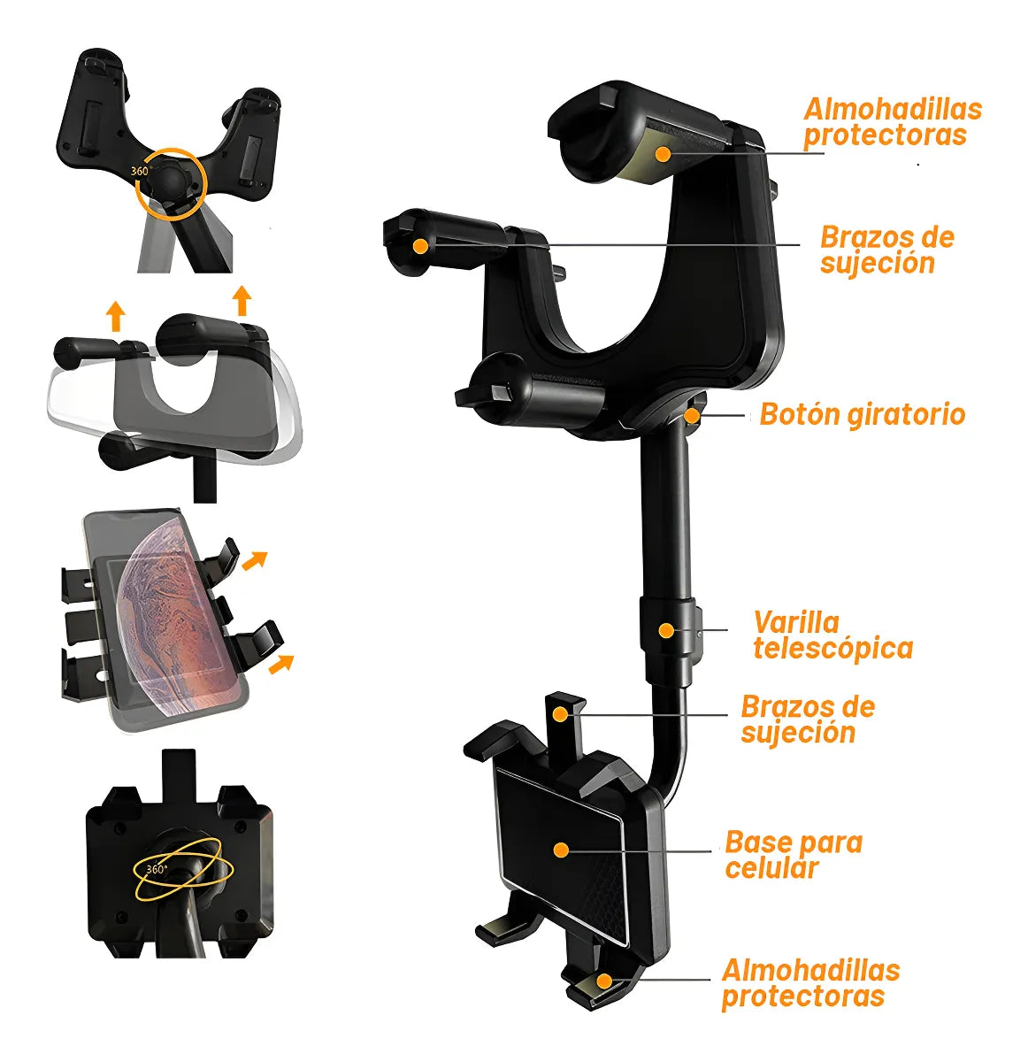Dealworld 360 degree car phone mount with telescopic arm adjustable grip protective pads and rotating joint