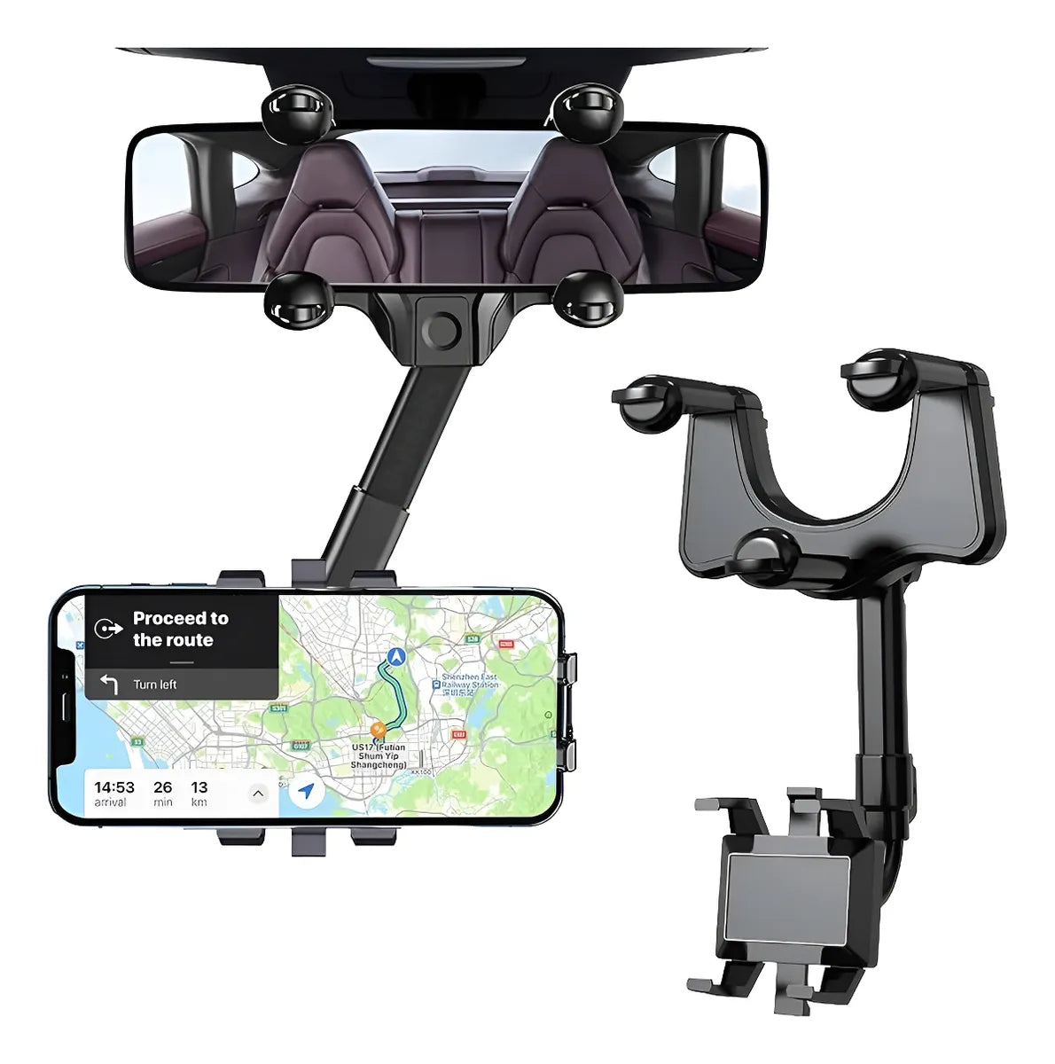 Dealworld 360 degree car phone mount adjustable rearview mirror and dashboard phone holder for navigation
